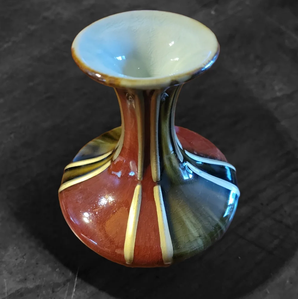HOST PICK 🙂 Vtg Mid Century Art Deco Jeanie Wide Belly Vase Green Gold Burgundy